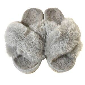 Plush Cross Band Fuzzy Slippers Women's M 8-10 Gray EVA Skidproof Arch Support‎